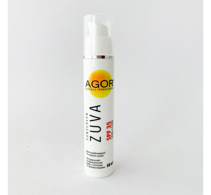 Натуральний сонцезахисний крем для обличчя AGOR ZUVA SPF35 для комбінованої та жирної шкіри 50 мл
