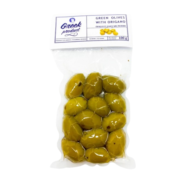 Оливки зелені з кісточкою Greek Product та орегано 100 г