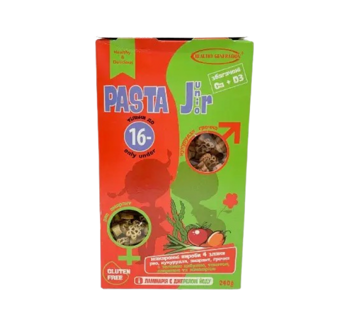 Макароны без глютена Pasta Junior 4 злака с ламинарией и томатом, ТМ Healthy Generation, 240 г