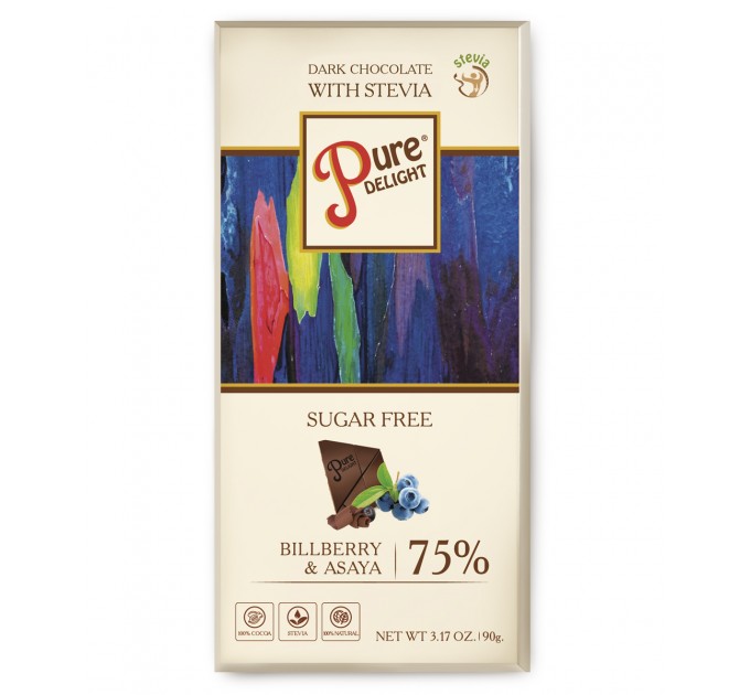 Шоколад чорний Стевіясан Pure Delight 75% з лохиною та асаіі без цукру (зі стевією) 90 г