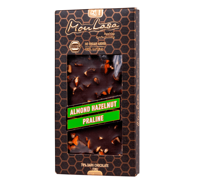 Крафтовий шоколад MonLasa чорний 70% з мигдально-фундучним праліне на меду 80 г