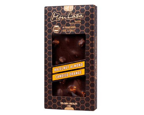 Крафтовый шоколад MonLasa черный 70% с лесными орехами, миндалем и апельсин. цукатами на меду 80 г