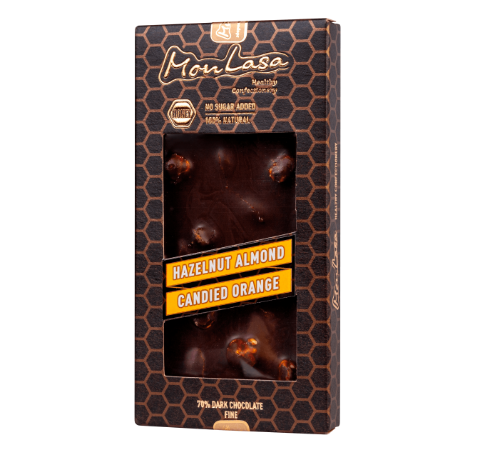 Крафтовий шоколад MonLasa чорний 70% з лісовими горіхами, мигдалем та апельсиновими цукатами на меду 80 г