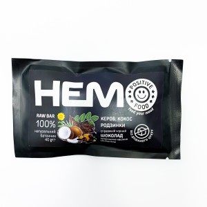 Батончик Positive Food HEMO кероб, кокос, родзинки в чорному шоколаді без цукру 40 г