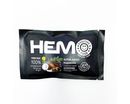 Батончик з пророщених зерен Positive Food HEMO кероб, кокос, родзинки в чорному шоколаді без цукру 40 г